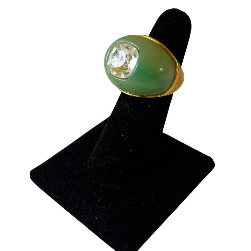 Vintage Kenneth Jay Lane Green Jade & Quartz Gold Statement Ring 5/6